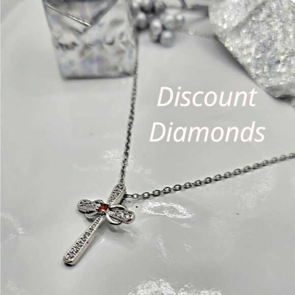 Clear White & Red Diamond Cross Pendant Necklace on 925 Silver - Picture 5 of 6